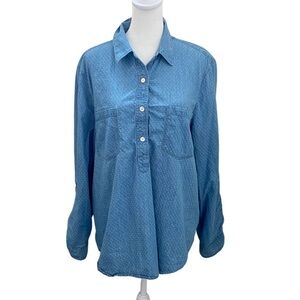 Chico’s Casual Blue Button-Up Denim Shirt. Size XL/16.(3). Opt roll tab sleeves